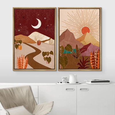 IDÉE4WALL, reproduction d'art sur toile encadrée, lune et soleil, désert, sud-ouest, paysages, nature sauvage, illustrations, art moderne, rustique décoratif pour le salon, la chambre à coucher, bureau, 16 po x 24 po x 2 po blanc