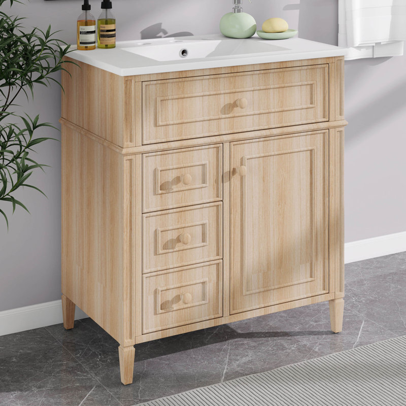 Meuble-lavabo de 30 po avec lavabo, meuble-lavabo moderne avec 2 tiroirs spacieux et plateau basculant, Bois clair