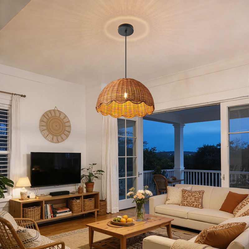 Hand Woven Rattan Pendant Light with Scalloped Edge, Tan