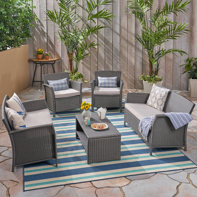 Wicker 6 - Person Patio Conversation Set with Cushions, Grey