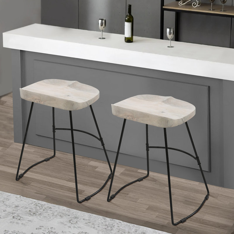 Tiva Handcrafted Backless Barstool, Mango Wood Saddle Seat, Counter Stool (24” Seat Height), White Washed