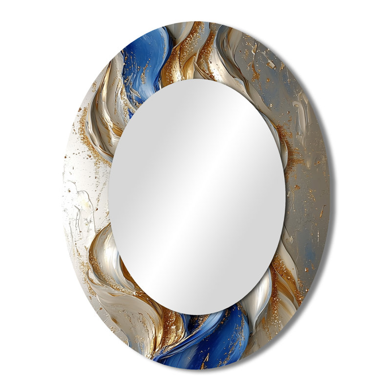 Rhythmic Golden Ink Waves Fusion II - Miroir décoratif ovale abstrait sur métal, 43 po x 33 po