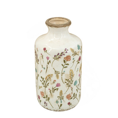 D4.3x8.3" Ceramic Cylinder Vase with Multi-Colored Floral Motifs