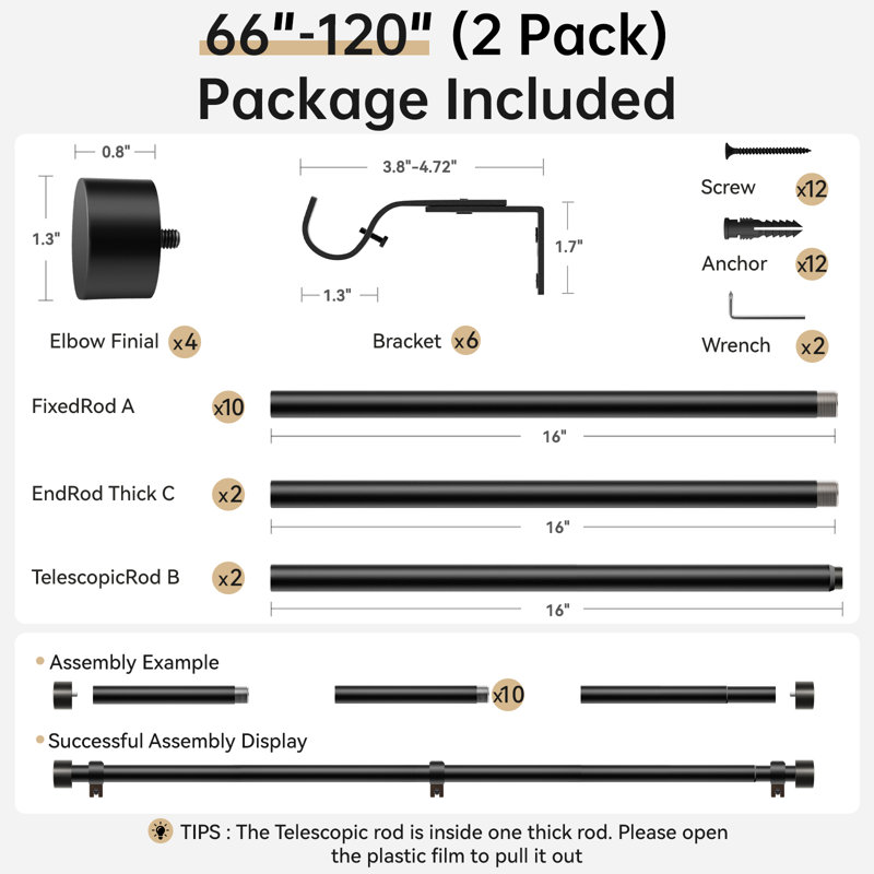 Tringle à rideaux robuste pour fenêtre de 1 po Lachina Arnel, tringle, ensemble de 2 tringles à rideaux réglables avec embouts en aluminium, pour une utilisation intérieure / extérieure