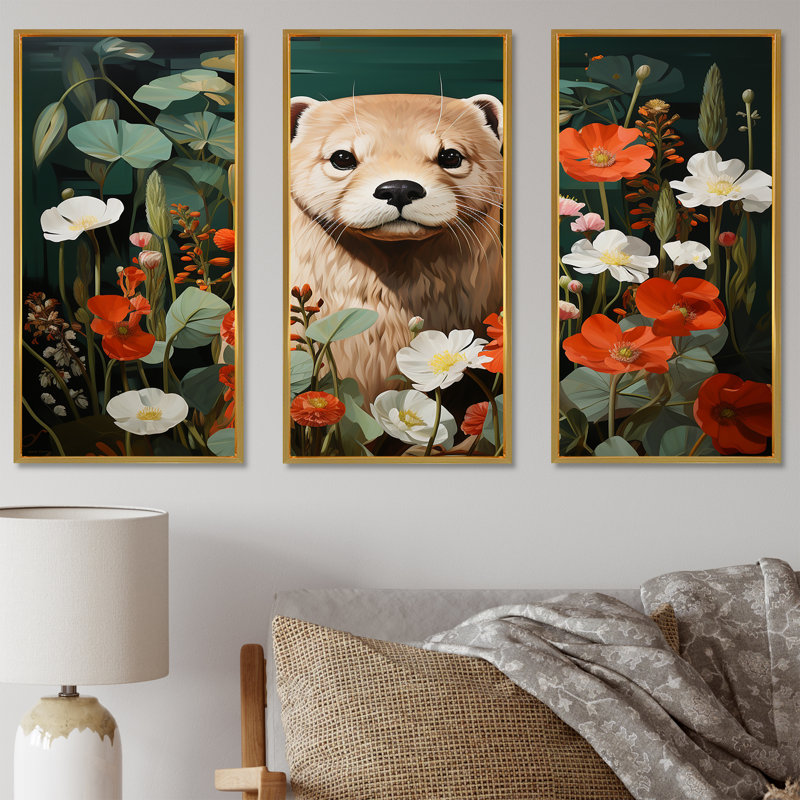Curieuse loutre dans une prairie fleurie - loutre, art mural, Cadre flottant doré, H 32 po x l 48 po