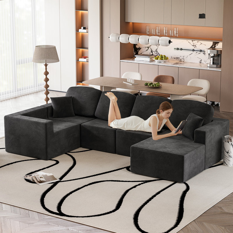 Canapé modulaire en forme de L de 126 po avec accoudoirs larges en U modulaire et en forme de L, Velours côtelé noir