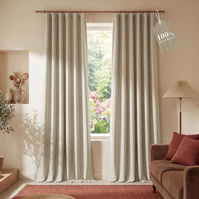 Farmhouse Linen Textured 100% Blackout Beige Curtains, Rustic 3-in-1 Header (Hooks/Tabs/Pocket) Thermal Drapes Room Darkening Window Treatments for Bedroom, 2 Panels, 52" W x 108" L