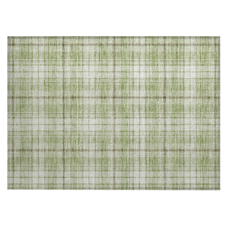 Aloe Green and White Plaid Washable Rectangular Rug
