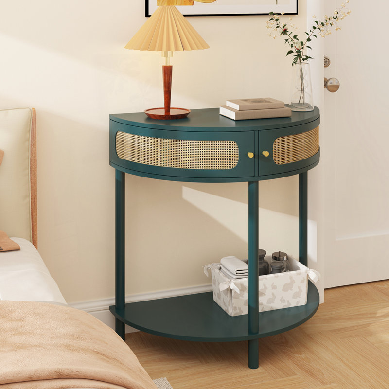 Unique Half Moon Console Table with Rattan Storage for Various Rooms