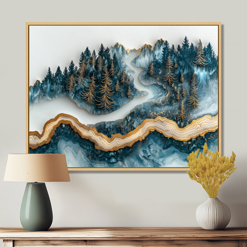 Forêt d'hiver, paysage avec rivière en cristal III - forêt, art mural, H 34 po x l 44 po, Cadre flottant, Crème, crème