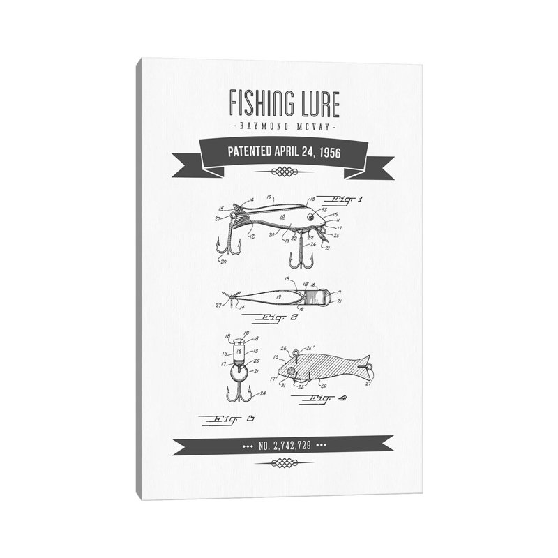 Raymond McVay Fishing Lure Patent Sketch Retro (Charcoal) I by Aged Pixel - Wrapped Canvas Print