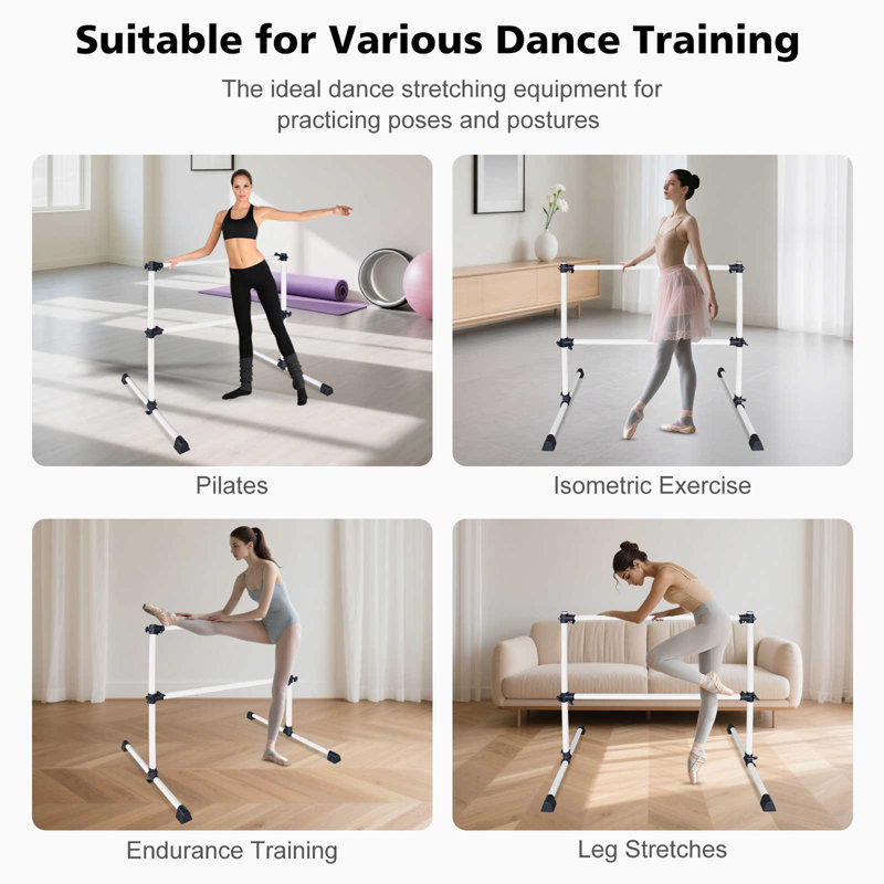 Barre de ballet blanche de 4 pi avec plage réglable de 6,7 à 46 pouces pour la pratique de la danse, Blanc
