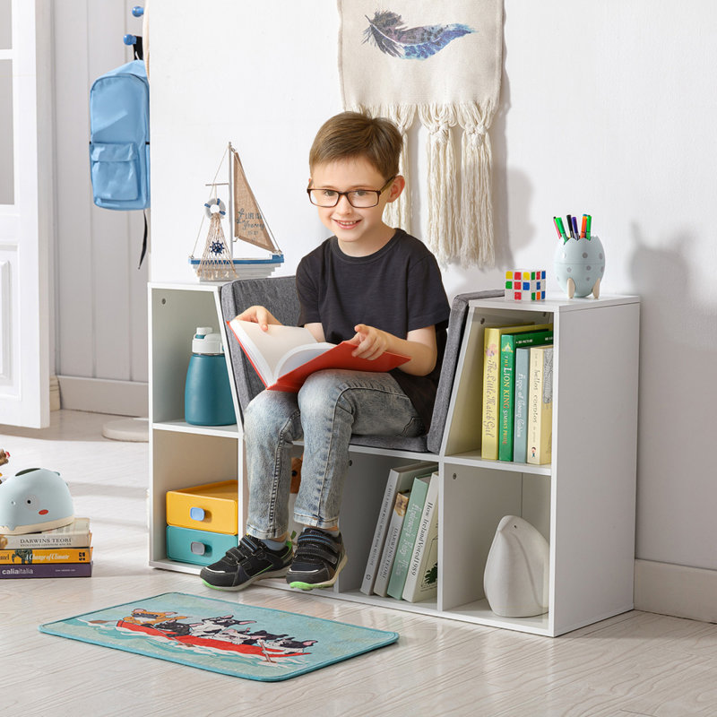 Kids Bookcase With Reading Nook And Cushion Multi-Purpose Storage Organizer, White