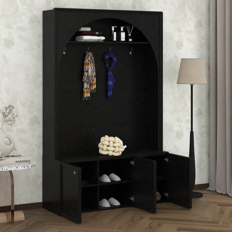 Hall Tree Entryway Organizer, Seat Bench With 3 Cabinets, Adjustable Shelves, Arched Coat Rack With 4 Golden Hooks, Top Cubby