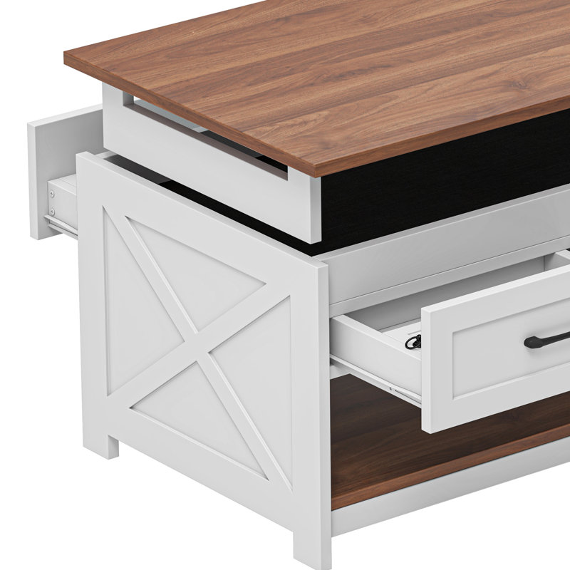 38" Multifunction Farmhouse Coffee Table Board Game Table with Removable Tabletop and Charging Station, Brown Top/White Base