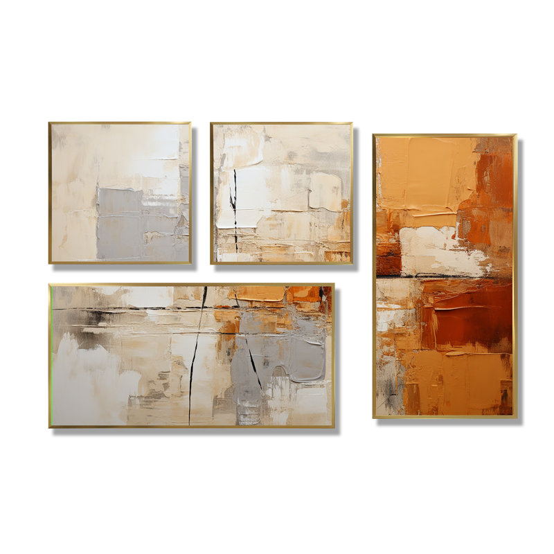 Impressions grises, jaunes et orange - décoration murale moderne 4 panneaux, Impression encadrée sans passe-partout, Doré