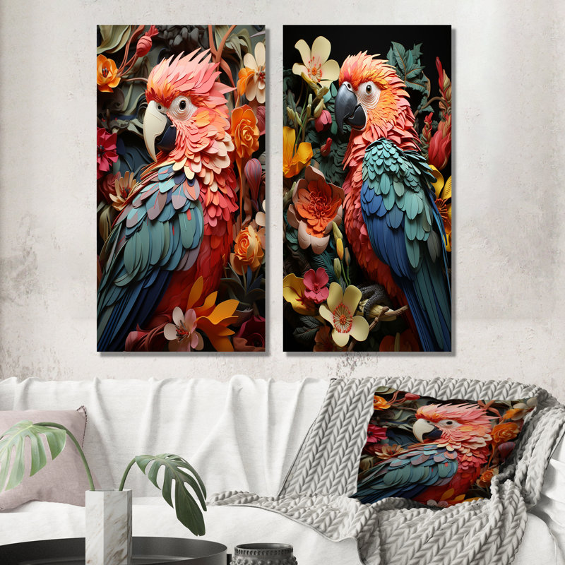 Perroquets plumes des tropiques - ensemble de 2 reproductions d'art sur toile, H 28 po x l 25 po, Toile tendue