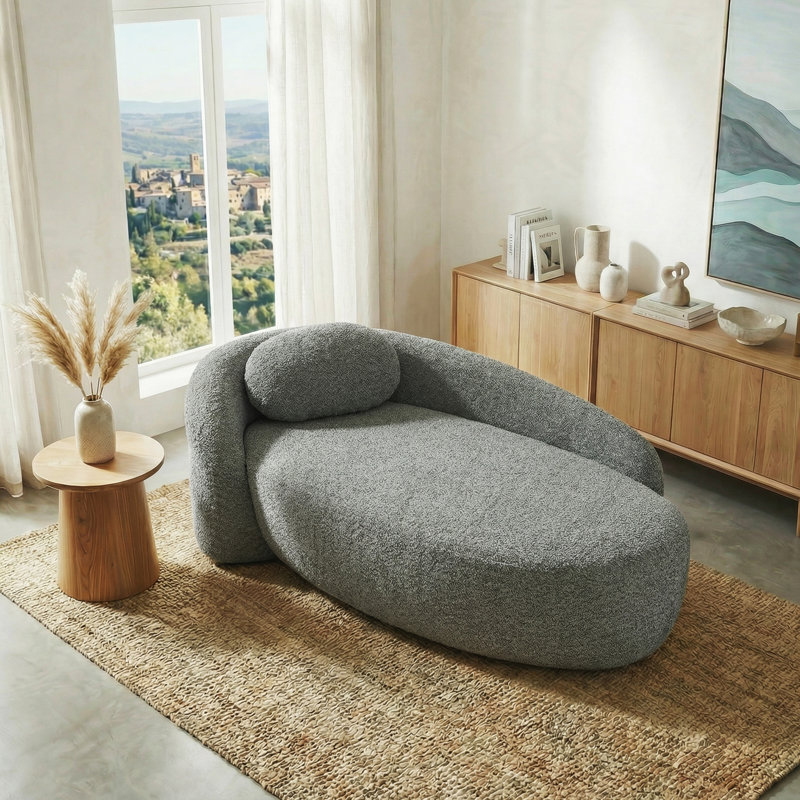 Méridienne moderne à compression ovale avec dossier et accoudoirs intégrés, chaise longue rembourrée et rembourrée Bouclé