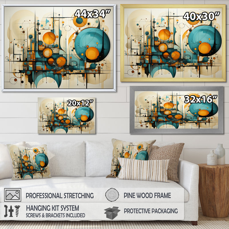 «Garick Teal Yellow Abstract Fractal Collage Melody I», reproduction sur toile, Cadre flottant doré