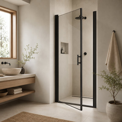 Porte de douche à pivot demi-cadre compacte l 24 po x H 72 po, cadre en aluminium noir mat antirouille, verre trempé transparent de 6 mm avec film de sécurité anti-déflagrant pour toute petite surface de douche étroite