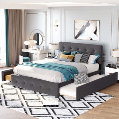 Upholstered Platform Bed With 2 Drawers And 1 Twin XL Trundle, Linen Fabric, Queen Size - Dark Gray, Stylish And Functional For Modern Bedrooms