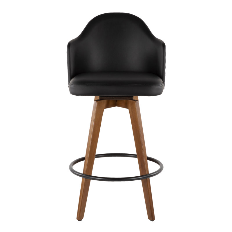Tabouret de comptoir Mid-Century en similicuir noir et noyer, Noir