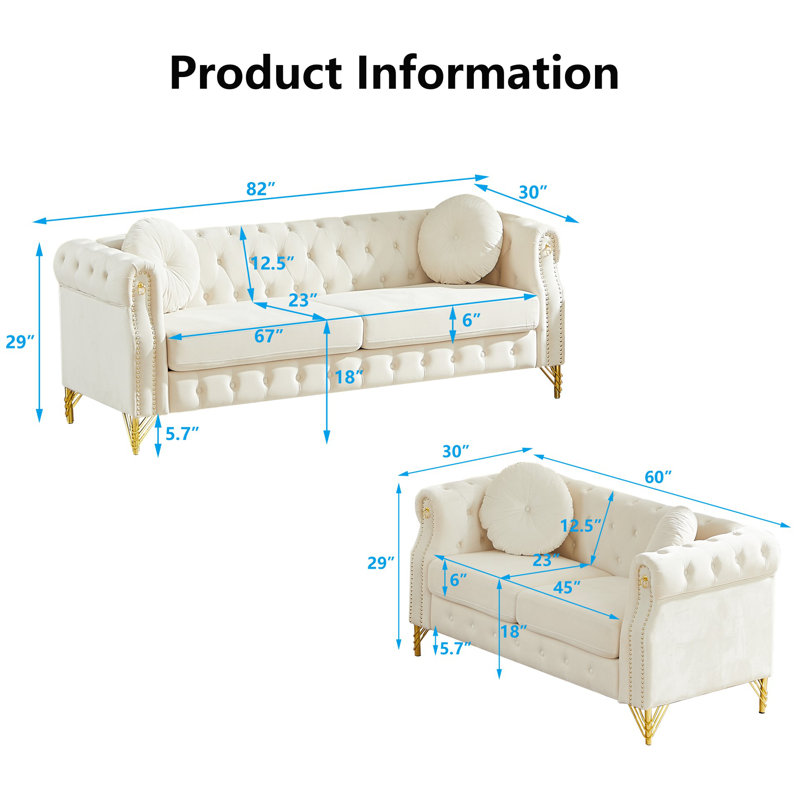 Canapé Chesterfield en velours capitonné, ensemble de salon 2 places + 3 places, canapé de salon moderne, Beige