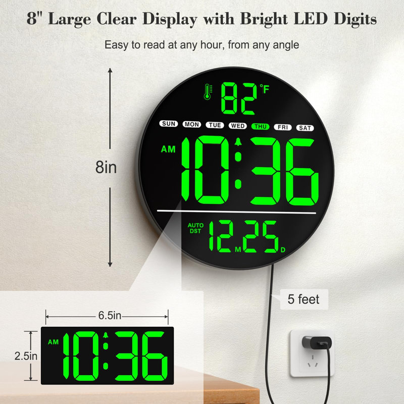 Horloge murale numérique avec affichage à DEL, horloge murale électrique avec température, Green