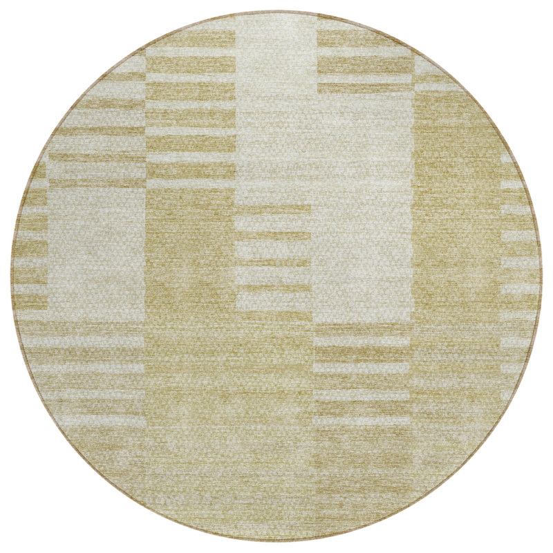 8' Beige And Ivory Round Striped Washable Indoor Outdoor Area Rug