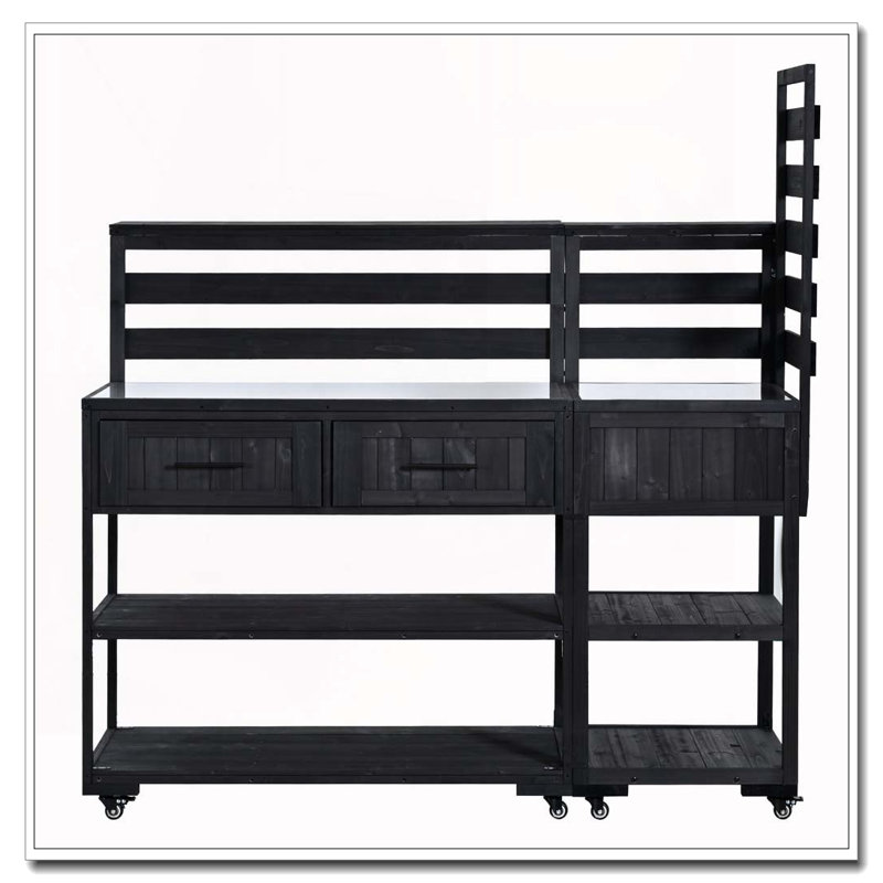62.3'' Patio Kitchen Island Solid Wood Kitchen Cart with Stainless Table Top, Black