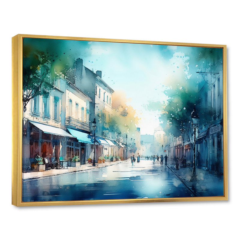 «Blue and Green French Small Town», reproduction d'art sur toile, H 34 po x l 44 po x P 1,5 po, Cadre flottant doré