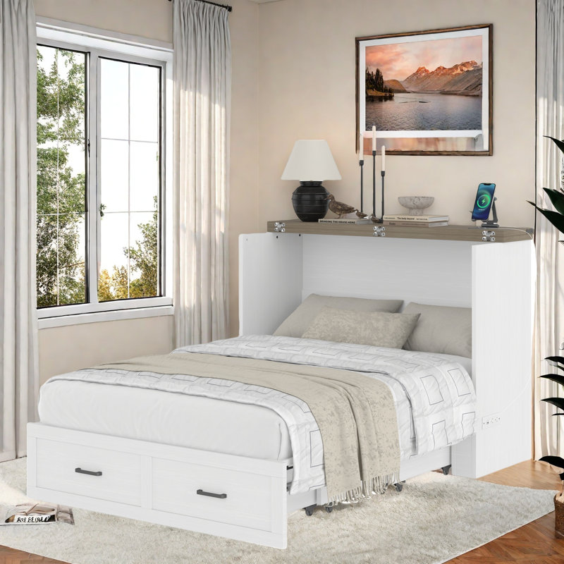 Multi-functional Foldable Murphy Bed  With Charging Station And 1 Large Storage Drawer, White, Full