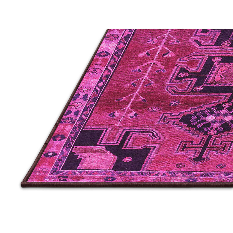Tapis oriental en laine / polyester tissé à la machine en rose / noir, Rectangle 4 pi x 6 pi