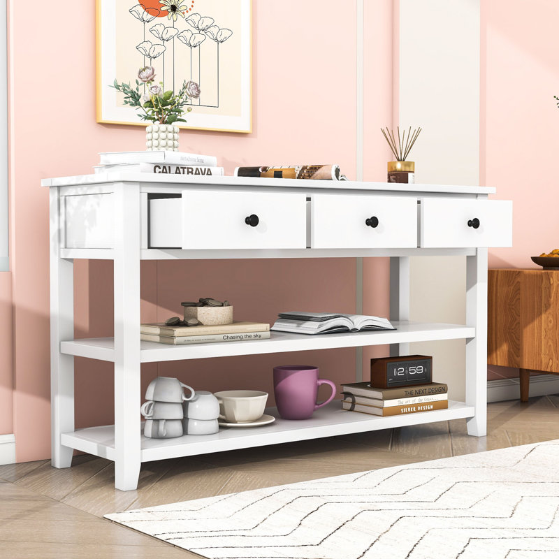Exton Mid-Century Console Table with Storage Drawers and Open Shelves, Antique White