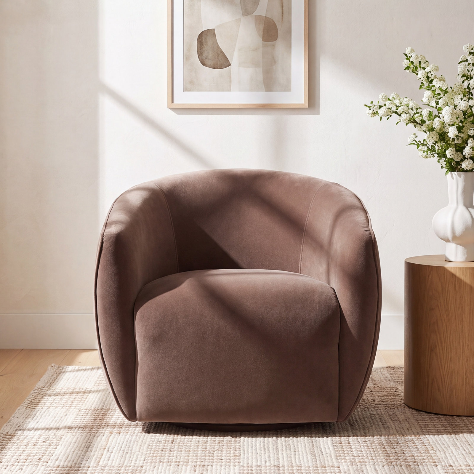 Layla Upholstered Swivel Barrel Chair, Brown Velvet