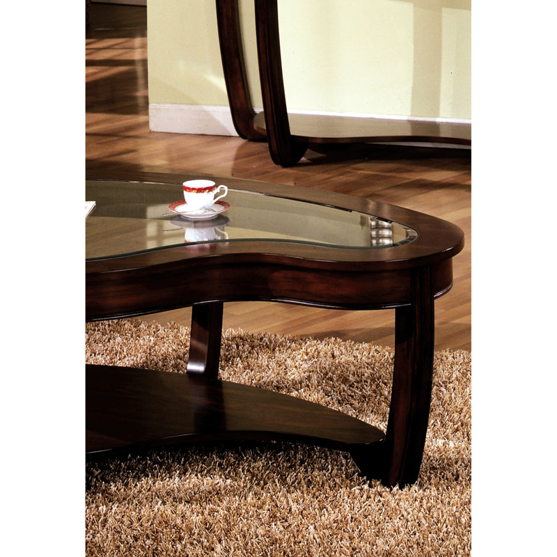 Table basse en cerisier foncé avec forme irrégulière et tablette ouverte en verre avec fabrication contemporaine en bois massif