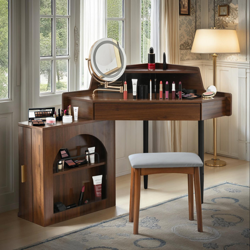 55.9" Corner Vanity Desk with Tri-Fold LED Mirror, Adjustable Lighting Dressing Table with Storage Shelf & PU Stool