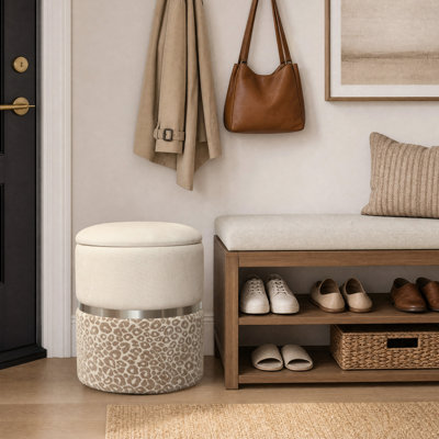 15" Round Upholstered Storage Ottoman with Metallic Accent Band, Beige