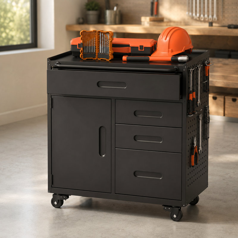 34.3" Mobile Tool Storage Cabinet with Lockable Compartment, 4 Drawers, Rolling Steel Garage & Workshop Organizer with Pegboard Side Panels, Heavy-Duty Metal Storage Cabinet for Home, Garage & DIY Projects