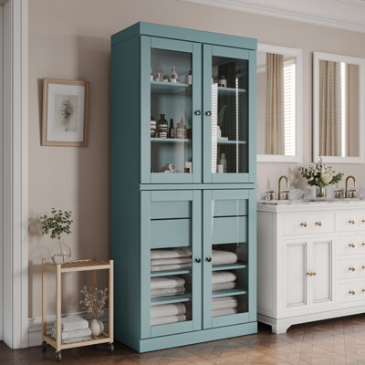 Armoire de rangement autoportante en bois massif l 32 po x H 71,5 po avec portes en verre transparent, 2 tiroirs et tablettes réglables - Organisateur de salle de bain moderne