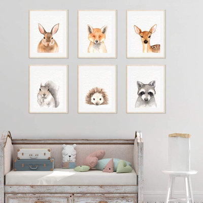 Lapin, renard, chevreuil, hérisson et raton-laveur Dare, ensemble de 6 impressions sur papier