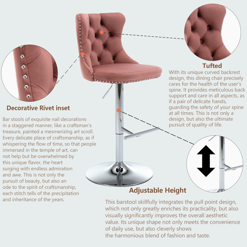 Pink Velvet Swivel Bar Stools with Chrome Base, Set of 2