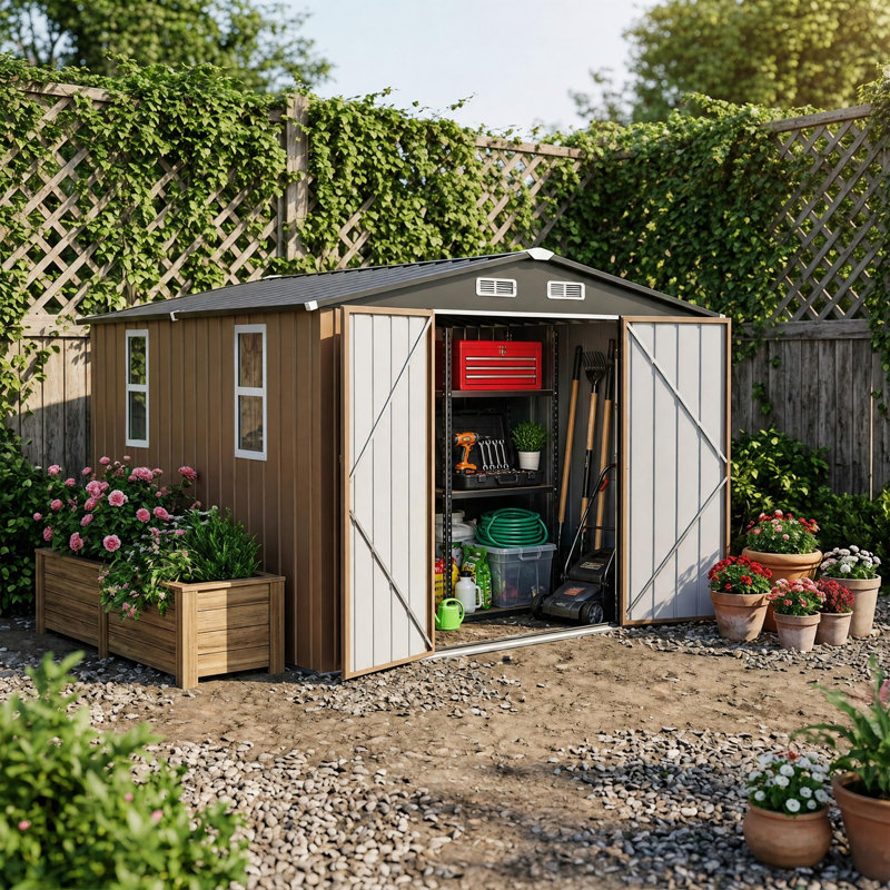 Remise de rangement extérieure 10 pi x 10 pi pour outils de jardin en métal galvanisé robuste