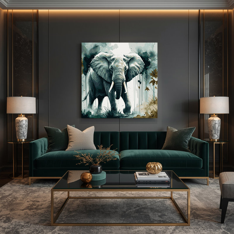 Faune, forêt, éléphant africain, art mural sur toile verte, H 8 po x l 8 po