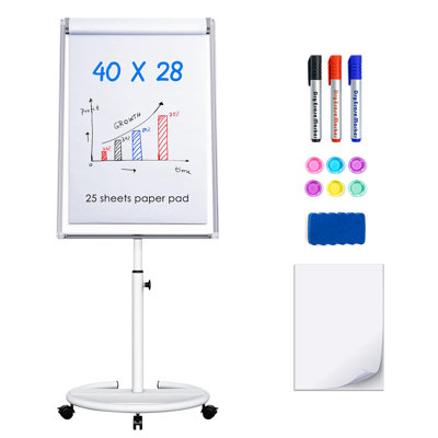 Tableau blanc magnétique autoportant 40 po x 28 po avec pince élastique et bloc de papier 25 feuilles, réglable en hauteur