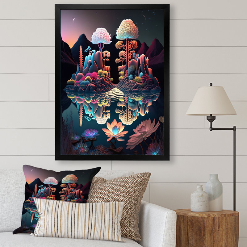 «Abstract Nocturnal Flora Mysterious Lake», reproduction sur toile, Cadre simple noir, H 44 po x l 34 po x P 1,5 po