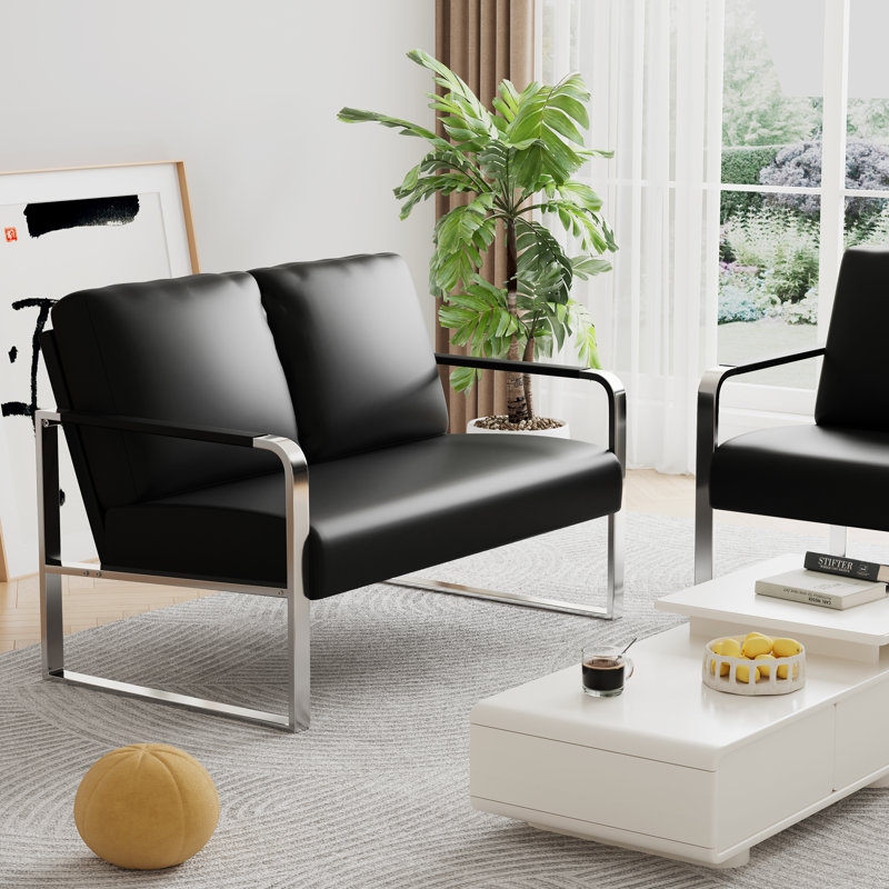 Azita 49'' Faux Leather Loveseat, Black, Chrome