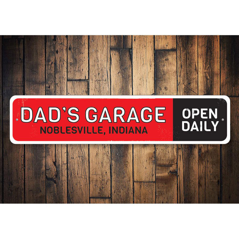 Enseigne quotidienne en aluminium «Dads Garage Open», H 6 po x l 24 po x P 0,06 po