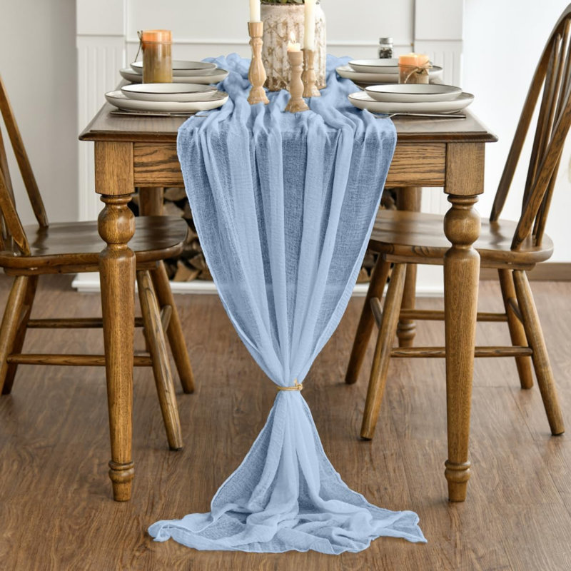 Sky Blue Boho Gauze Wedding Cheesecloth Table Runner 300 cm | Seasonal Summer Winter Bridal Fabric Kitchen Dining Holiday Table Decor for Home Party