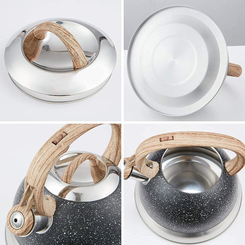 2.3 Quart Black Stainless Steel Whistling Tea Kettle with Wood Handle